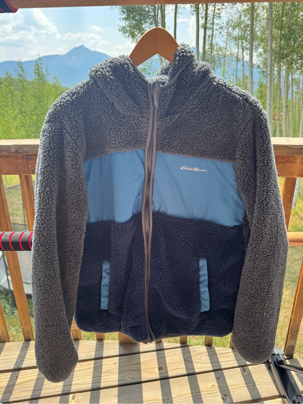 Eddie Bauer Gray Sherpa Puffer Jacket with Light Blue Panels